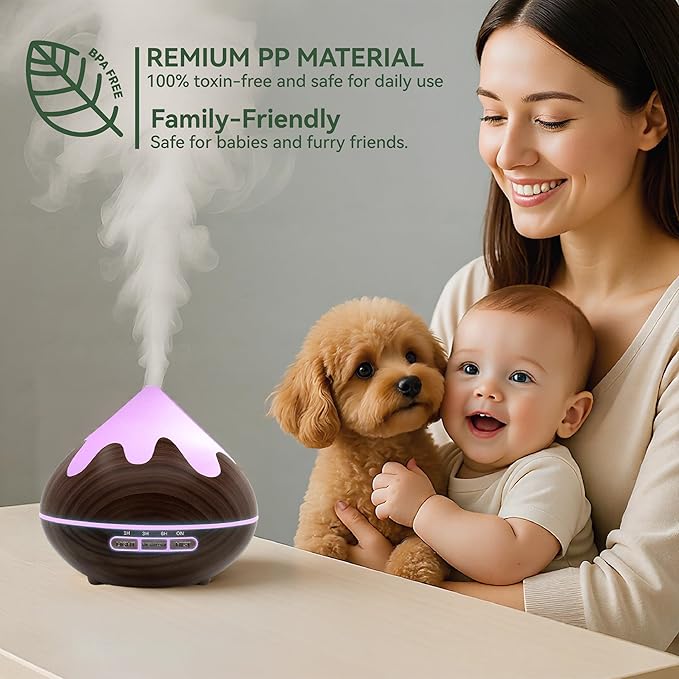 500ML Essential Oil Diffuser, Aromatherapy Diffuser with Remote Control, Multifunctional Air Diffusers for Home Office Room, Fragrance Aroma Diffuser with 7 Color LED & 2 Mist Mode, Dark Brown - Bloomnest