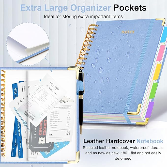 Hardcover Spiral Notebook 6.2"x 8.2" Journal Notebook with Tabs and Removable Dividers 300 Pages 5 Subject Notebook College Ruled, Faux Leather Spiral Bound Notebook for Women School Work(Lake Blue) - Bloomnest