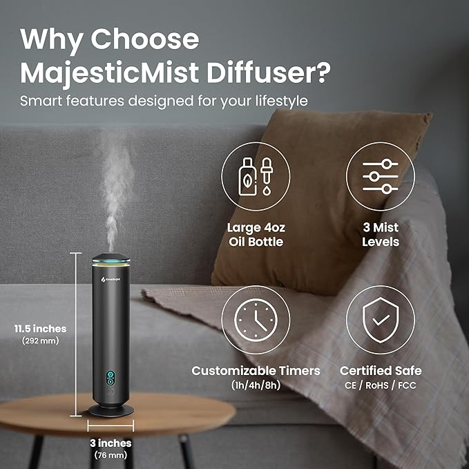 MajesticMist Waterless Essential Oil Diffuser - Aluminum Aromatherapy Scent Diffusers for Home, Room & Hotel, Quiet Aroma Diffuser 4oz, Remote Control, USB-C Powered, LED Display, 1000sq.ft - Bloomnest