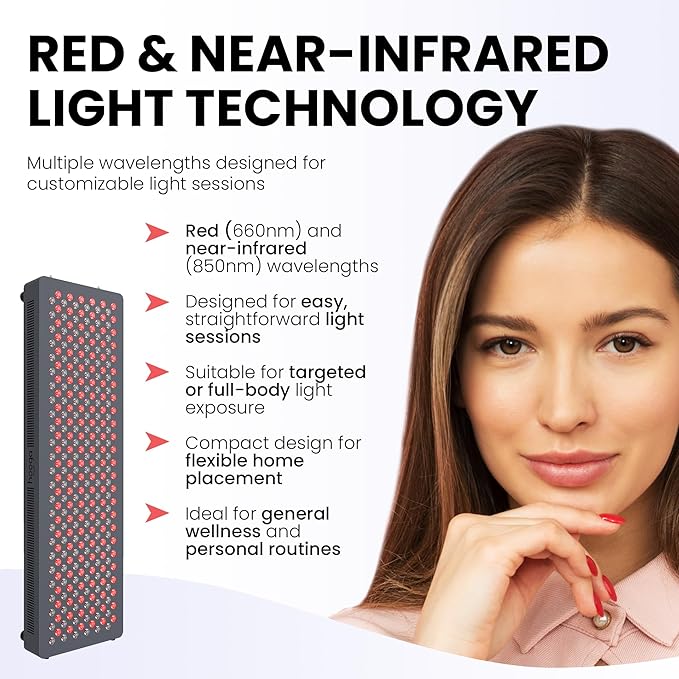 Hooga HG500 Red Light Panel with Near Infrared LED Light, 100 LEDs 660nm 850nm Dual Wavelength, Built-in Timer, Hanging Kit Included.