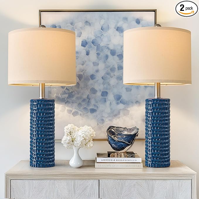 PORTRES 24.75" Modern Accent Ceramic Table Lamp Set of 2 for Bedroom Desk Decor Bedside Lamps for Living Room Study Room Office Dorm Farmhouse Nightstand Lamp End Table Lamps (Blue) - Bloomnest