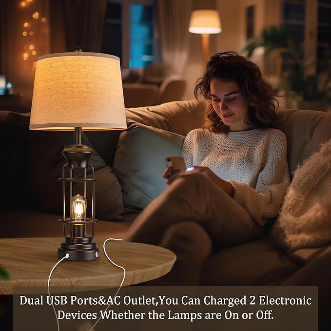 Table Lamp Set of 2 with USB Ports, 28" Tall Farmhouse Table Lamp with 2 Nightlight Bulbs,Touch Control Table Lamps for Bedroom, Rustic Bedside Lamp for End Tables,Bulbs Included,Black - Bloomnest