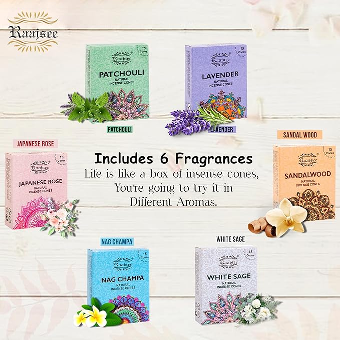 Raajsee Natural Incense Cones,6 Pack Mixed Scents Gift Pack 15 pc Each (90 Total), Insense Cones Variety Pack, 100% Organic Non Toxic Natural - Hand Rolled Free from Chemicals (Pack 1) RAAJSEE