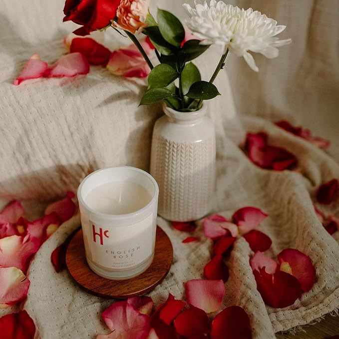 English Rose Single Wick Soy Candles, Luxury Scented Candles for Home - Up to 60 Hour Burn Time, Cruelty-Free Soy Wax Blend - Floral Rose & Jasmine Fragrance (9 oz) - Bloomnest