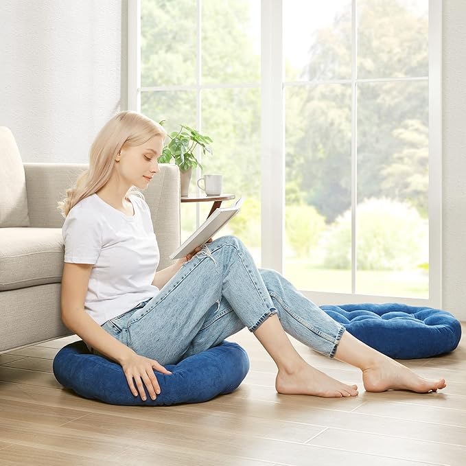 Floor Cushion Pillow Set of 2, Round Large Pillows Seating for Adults, Tufted Corduroy Cushions for Living Room Tatami, Navy Blue, 22 Inch - Bloomnest