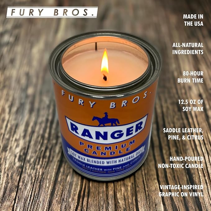 Fury Bros. Scented Candles for Men | Ranger | Saddle Leather Pine Citrus | Natural Soy Wax | Hand-Poured in The USA | Long 70-80 Hour Burn (12.5 oz) | Vintage-Inspired Tin Design | Dad Home Gift - Bloomnest