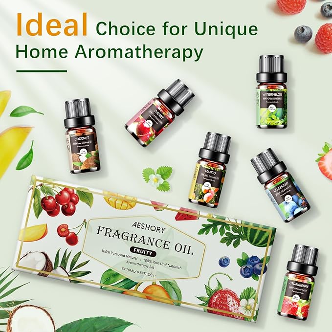 Fruity Essential Oils Set - 6x10ML Fruit Fragrance Oil for Diffuser, Aromatherapy, Candle Making - Strawberry, Cherry, Blueberry, Mango, Coconut, Watermelon Scented Oil - Bloomnest
