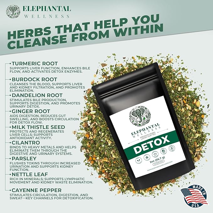 Elephantal Wellness Premium Detox Herbal Tea | Daily Liver, Kidney, Blood & Digestive Support with Turmeric, Nettle Tea, Milk Thistle, Dandelion Tea & Burdock | Handmade, Caffeine-Free Loose Leaf Blend - Bloomnest