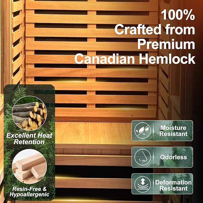 Low EMF Full Spectrum Infrared Sauna with FDA-Certified Red Light Therapy, Fast Heat-Up 1170W 110V, 1-Person Carbon Fiber Dry Sauna, Canadian Hemlock for Home Bloomnest