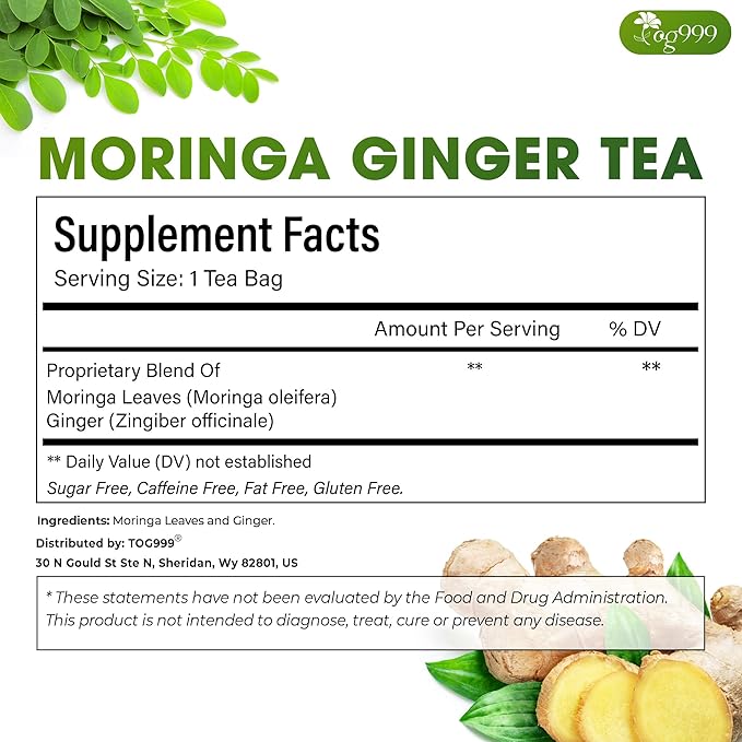 TOG999, Permium Moringa Ginger Herbal Tea – 60 Tea Bags – Caffeine-Free, Smooth & Warming Blend – Pure Ingredients, Sustainably Sourced. No Sugar. No Gluten. Vegan. - Bloomnest