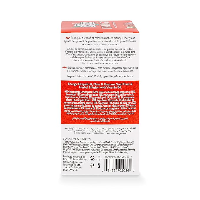 Ahmad Tea Herbal Tea, Grapefruit, Mate, Guarana Seed, & Vitamin B6 'Energy' Natural Benefits Teabags, 20 ct (Pack of 1) - Caffeinated & Sugar-Free - Bloomnest