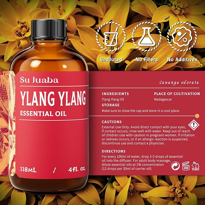 SU JUABA Ylang-Ylang Essential Oil 4 Oz, 100% Pure Natural Aromatherapy Oil for Diffuser, Skin Care, Hair & Perfume Making - 118ML Bloomnest