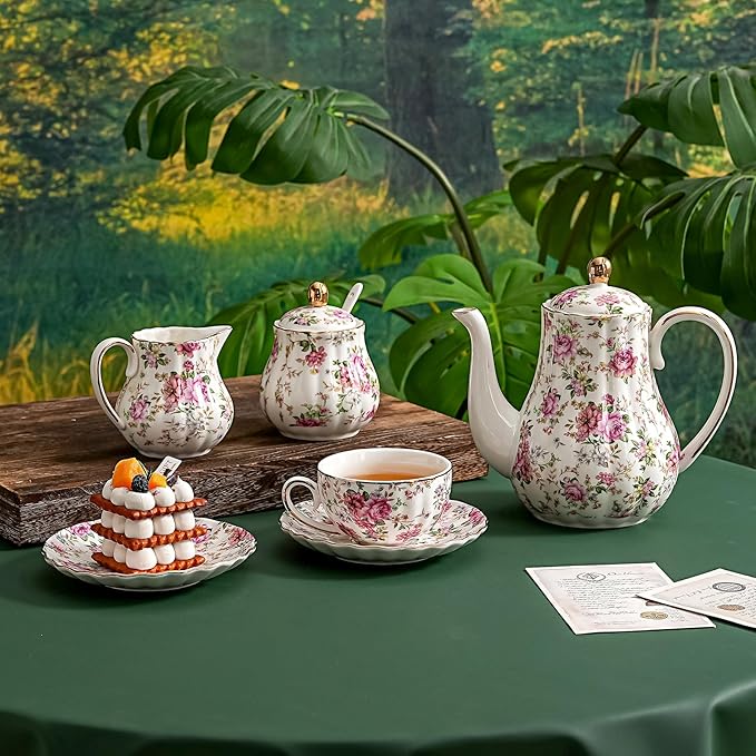 Tea Cup and Saucers, 6.4oz Floral Tea Cups with Gold Trim, Porcelain Teacup, Coffee Cappuccino Espresso Latte Mugs for Party Birthday,Party Cafe Home, Christmas Gift (White) - Bloomnest
