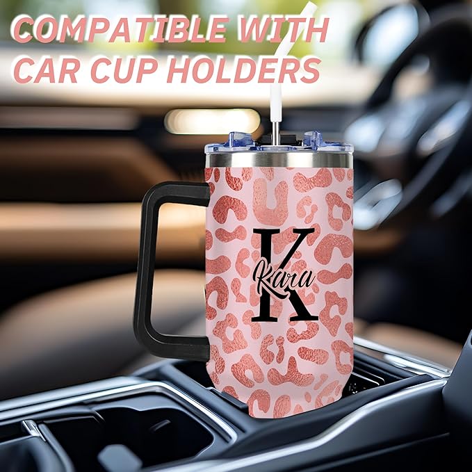 Personalized Pink Leopard Print Tumbler with Names, Custom 40oz Tumblers with Handle and Straw Lid, Insulated Stainless Steel Cup, Travel Coffee Mug, Gifts for Birthday Christmas Anniversary Women - Bloomnest