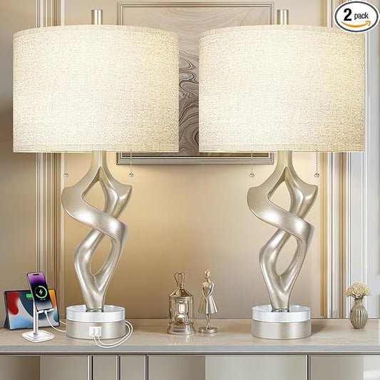 Scenekoy Sculptural Resin Table Lamp Set of 2 with USB Ports for Bedroom Living Room, 26” Antique Silver Leaf Dual Pull Chains Bedside Lamps, Nightstand Lamp for Home Room Decor (Bulbs Included) - Bloomnest