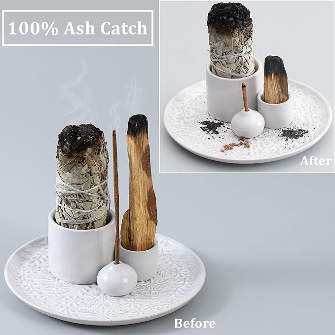 5 in 1 Incense Holder Burner, 5.9" Ceramic Holder for Burning Palo Santo Sage Candle and Incense Sticks Cones, Ash Catcher Tray for Meditation Room Home Décor(White) - Bloomnest