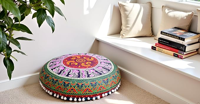 CRAFT KALA Large Round Bohemian Floor Pillow Pouf Cover Mandala Meditation Room Pillow Cover for Adults Boho Seating Poufs Cushion Cover for Kids Playroom Multi 6 Color 32" Round - Bloomnest
