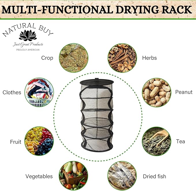 9 Inch 5 Level Micro Hanging Dry Net Indoor/Closet Drying Rack for Herbs, Plants, Organizer, Freshner - Black Mash Screen with Top-to-Bottom Zipper - Apartment Size with Zipped Storage Pouch - Bloomnest
