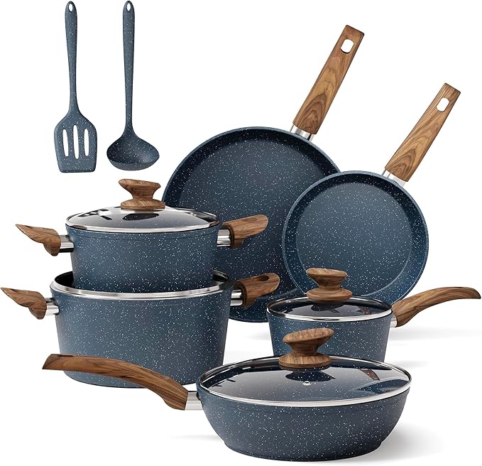 MAISON ARTS Pots and Pans Set Non Stick, Kitchen Cookware Sets Nonstick, 12 Piece Granite Cooking Pot and Pan for Induction, Stovetop, Blue - Bloomnest