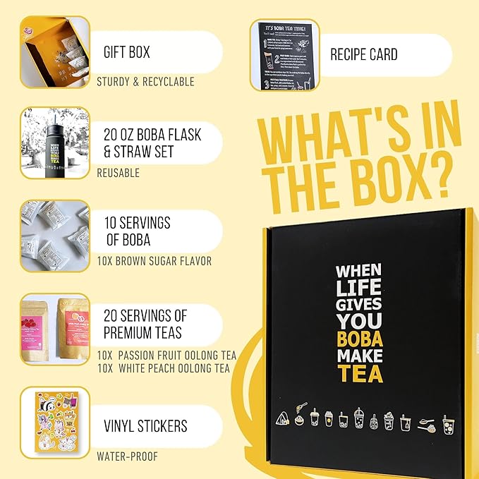 YUMBUCHA Boba Kit Set - DIY Bubble Tea - 20 Drinks - Reusable Stainless Steel Flask & Straw, Brown Sugar Tapioca Pearls - Exquisite Loose Leaf Teabags - Strawberry Oolong and White Peach Oolong Tea - Bloomnest