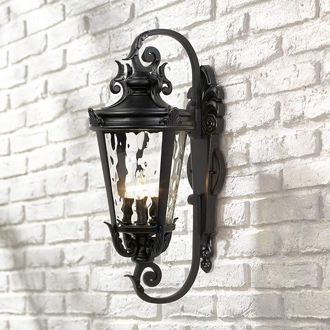 John Timberland Marseille Rustic Vintage Outdoor Wall Light Fixture Textured Black Scroll 27 1/2" Hammered Glass for Exterior House Porch Patio Outside Deck Garage Yard Front Door Garden Home - Bloomnest