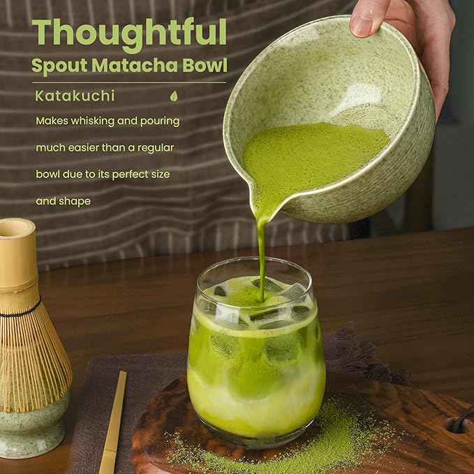 Matcha Whisk Set, Handcrafted Bamboo Chasen & Ceramic Bowl Matcha Kit, Complete 5 Pcs Matcha Set Whisk and Bowl W/Stainless Steel Sifter, Bamboo Scoop & Holder for Matcha Tea Ceremony (Mottled Green) - Bloomnest