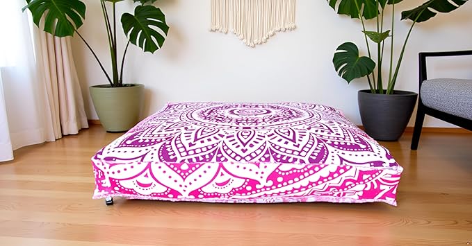 INDIAN CRAFT CASTLE 24" Pink Ombre Mandala Barmeri Large Floor Pillow Cover Cushion Meditation Seating Ottoman Throw Cover Hippie Decorative Zipped Bohemian Pouf Ottoman Pom Pom Cases 24" Square - Bloomnest
