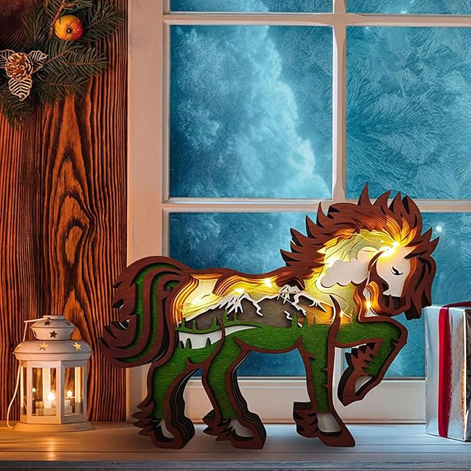 Drawelry 3D Wood Carving Animals Lamp Home Decorative, Cute Bear Family Elephant Presents Ideas Christmas Living Room Office Decor Warm LED Night Lights Gift for Friend Daughter Son Mom Dad (Horse) - Bloomnest