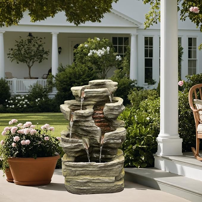 24.2" H Rock Cascading Water Fountain Outdoor&Indoor, 6-Tier Garden Naturefalls Fountains, Floor-Standing Waterfall with Lights for Patio, Backyard, Deck, Porch, Home DéCor, Stone Gray - Bloomnest