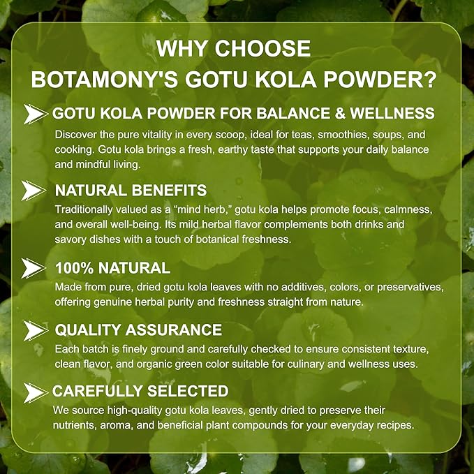 BOTAMONY Organic Gotu Kola Powder 7oz, Centella Asiatica Herbal, Non-GMO Vegan Gluten-Free, Traditionally Used in Ayurveda for Focus and Daily Vitality, Fine Leaf Powder - Bloomnest
