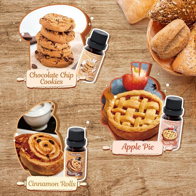 SALKING Bakery Fragrance Oils, Premium Essential Oil for Diffuser, Scented Oil Set for Soap Candle Making - Chocolate Chip Cookies, Apple Pie, Cinnamon Rolls, Vanilla Cake, Snickerdoodle, Sugar Cookie - Bloomnest
