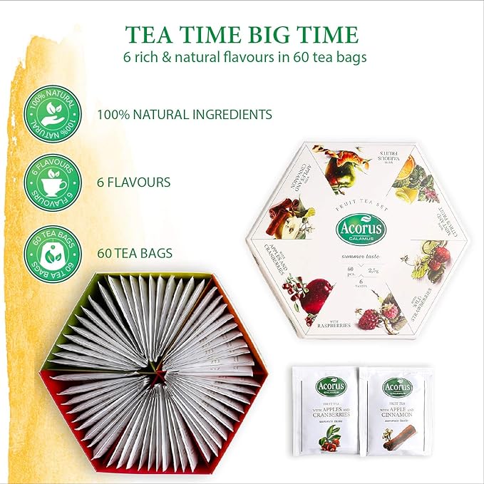 ACORUS Summer Taste Tea Set - Natural Assorted Tea Hamper Box Gift Set, Large Selection Box 60 Teas Bags, 6 Fruit and Berry Flavour Sampler, Perfect for Refreshing Iced Drinks - Bloomnest