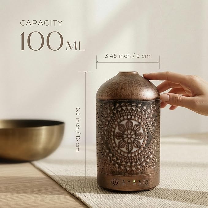 Earnest Living Essential Oil Diffuser Metal Diffuser 100 ml Timers Night Lights and Auto Off Function Home Office Humidifier Aromatherapy Boho Decor Gift EarnestLiving