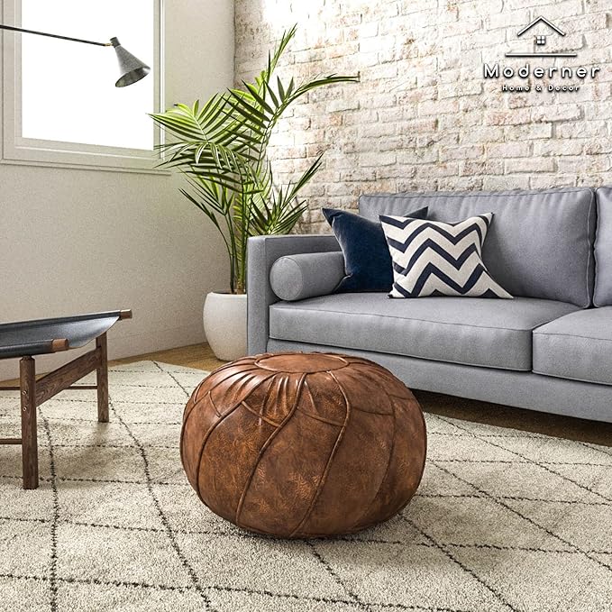 Moderner Faux Leather Pouf Unstuffed Ottoman Moroccan Footstool, Floor Footrest Cushion, Storage Solution - Natural Brown Color (Mocha, Round) - Bloomnest