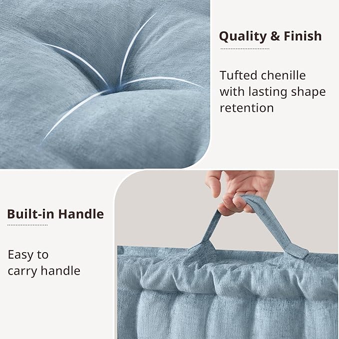 Intelligent Design Large Floor Pillow for Adults Yoga or Meditation Cushion with Handle, Floor Cushion for Board Games, Lustrous Chenille Tufted, Handsewn Scalloped Edge, Azza, 24" x 24" x 5" Aqua