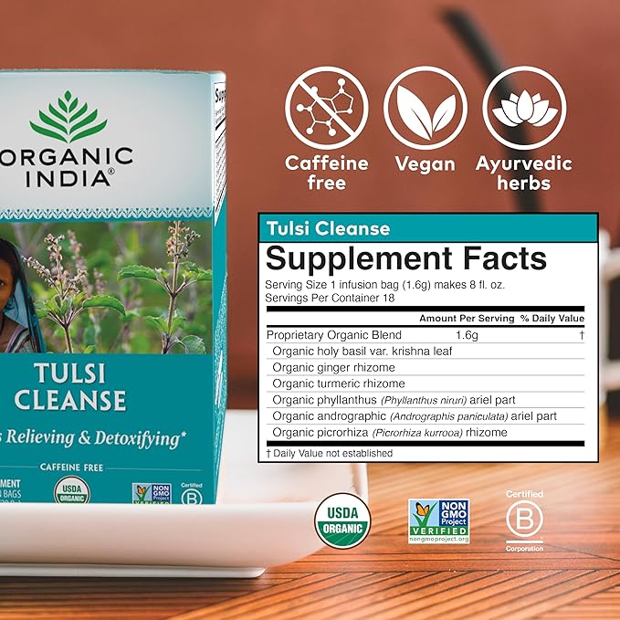 ORGANIC INDIA Tulsi Cleanse Tea - Holy Basil, Ginger, Turmeric, Herbal Tea, Stress Relieving & Cleansing, Immune Support, Adaptogen, Organic, Non-GMO, Caffeine-Free - 18 Infusion Bags, 3 Pack - Bloomnest