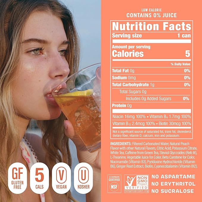 GORGIE Sugar Free Natural Energy Drinks, Peach (12 Pack) - Healthy Energy Drinks - Natural Coffee Replacement with Green Tea Caffeine and Biotin - 150mg Caffeine, Vegan, & Low Calorie - Bloomnest