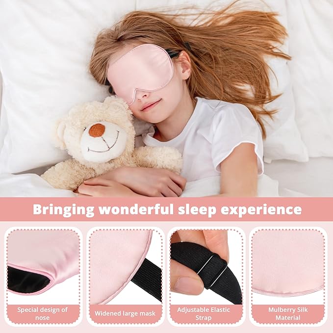 Kids Sleep Mask Eye Cover, 100% Real Natural Pure Silk Eye Mask with Adjustable Strap, Blindfold Kids Eye Mask for Sleeping, Eye Shade for Boys Girls and Adult, Pressure-Free Comfort (Pink) - Bloomnest