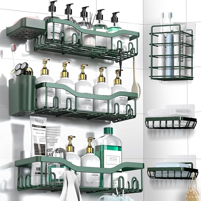 Shower Caddy Adhesive Shower Organizer 8-Pack, Rustproof Stainless Steel Bathroom Shelves, Large Capacity No-Drill Rack Storage Accessories with Soap Dish Toothbrush Holder Hooks - Bloomnest