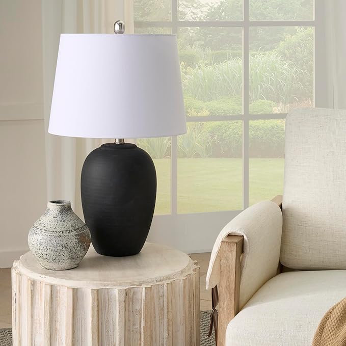 Nourison Home 23" Black Vintage Distressed Ceramic Pot Table Lamp for Bedroom, Living Room, End Table, with White Tapered Drum Shade - Bloomnest