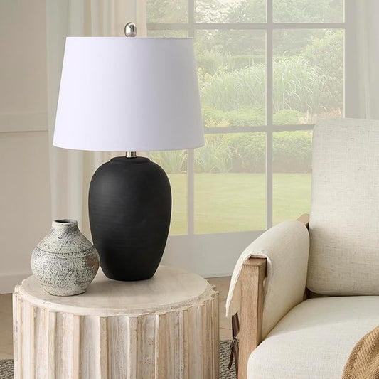 Nourison Home 23" Black Vintage Distressed Ceramic Pot Table Lamp for Bedroom, Living Room, End Table, with White Tapered Drum Shade - Bloomnest