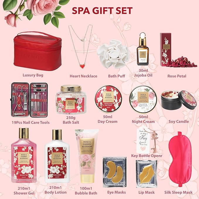 Valentines Day Gifts for Mom Spa Gift Set for Women 17Pcs Luxury Bath & Body Gift Set Beauty Care Kit with Necklace | Mothers Day, Birthday, Christmas Gifts for Her Wife Pampering Kit for Travel