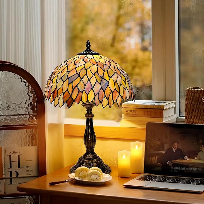 Tiffany Style Table Lamp Vintage Stained Glass Desk Lamp Mable Gradient Green Wisteria Bedside Reading Light Decor Bedroom Living Room Home Office D12 xH18 - Bloomnest