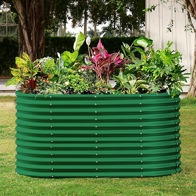 Land Guard 8x4x3ft Oval Galvanized Raised Garden Beds, Large-Capacity Metal Planter Box Outdoor, Durable Deep Raised Garden Bed 3ft Tall, Raised Beds for Gardening Vegetables, Forest Green - Bloomnest