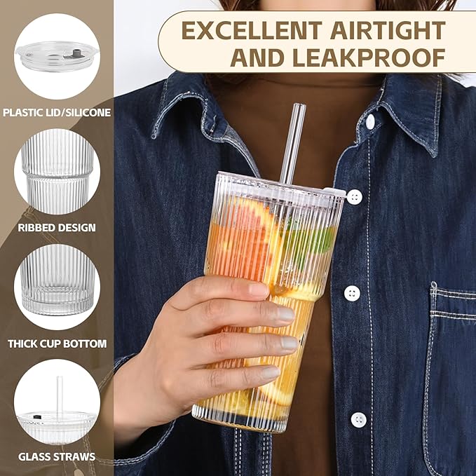 20OZ Glass Tumbler with Straw and Lid,Glass Cups with Lids and Straws,4PCS Ribbed Iced Coffee Cups Vintage Glassware for Juice Whiskey Cocktail Beer