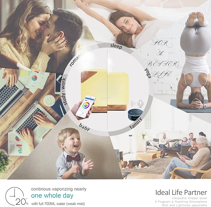 ASAKUKI Smart WiFi Essential Oil Aromatherapy Diffuser, Easy Connect with Alexa and Google Home Phone App Voice Control 700 ml Ultrasonic Diffuser, Create Schedules 7 LED Colors Humidifier - Bloomnest
