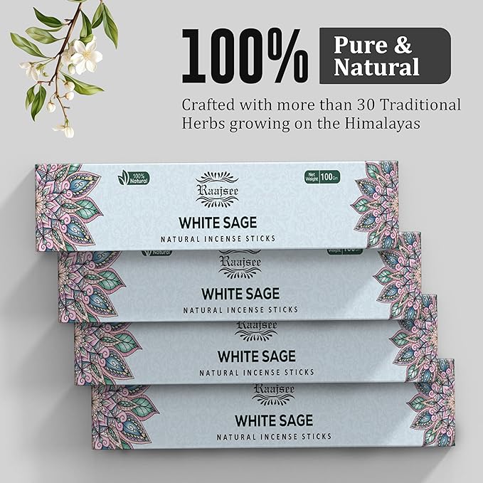 Raajsee White Sage Incense Sticks (180 gm), 100% Pure Organic Natural Hand Rolled Free from Chemicals - Perfect for Aromatherapy, Cleansing, Meditation, and Church (Pack of 12) - Bloomnest