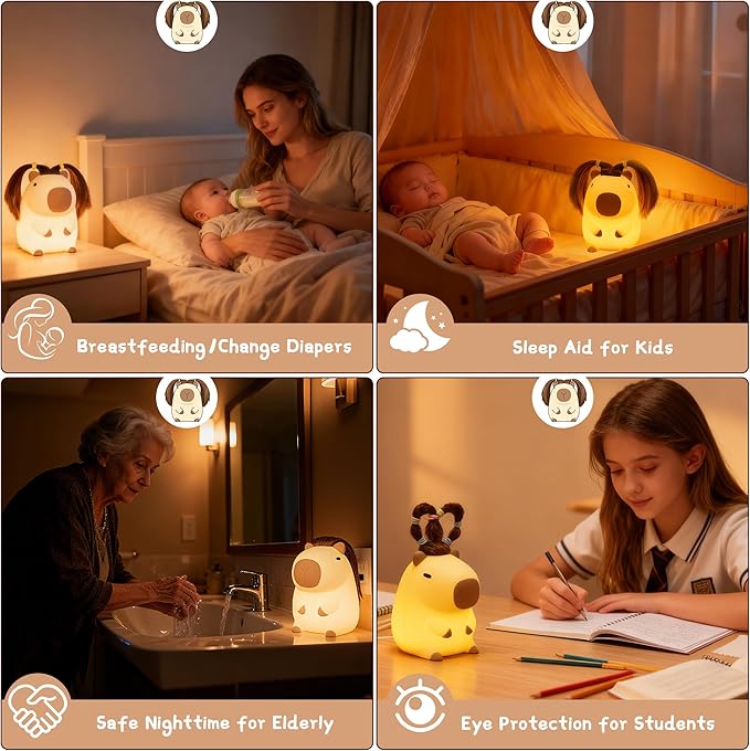 Cute Capybara Night Light with DIY Hairstyle ,Funny Squishy Silicone Animal Night Lamp, Dimmable/Timer Nursery Nightlight for Kids, Rechargeable Touch Bedside Lamp, Bedroom Decor, Baby Boys Girls Gift - Bloomnest