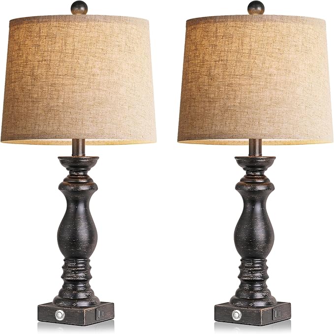24.5" Table Lamp Set of 2, Rustic Farmhouse Bedside Lamps with USB A+C Charging Ports, 3-Way Dimmable Touch Control Nightstand Lamps for Living Room Bedroom, Antique Black, LED Bulbs Included - Bloomnest