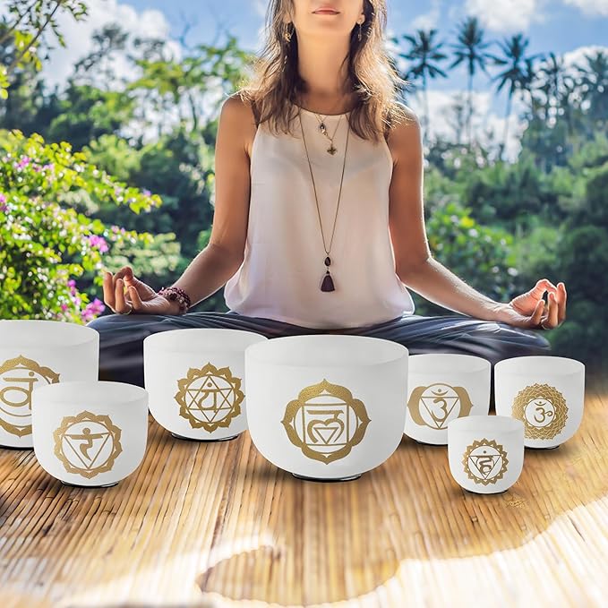 Ryan Dvan 432Hz 7-12 Inch 7 Gold Chakra Design Crystal Singing Bowl Set Frosted Quartz Crystal Sound Therapy Kit with Mallets 2 Cases O-Ring for Yoga Meditation Energy Balancing Reiki Healing - Bloomnest